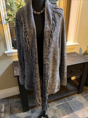 Addition Elle Gray Fringe Open-Front Cardigan